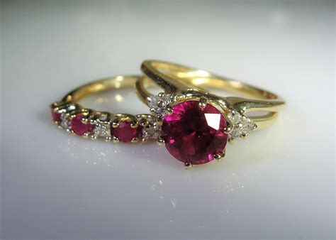 10k Gold Ruby And Diamond Bridal Ring Set Ruby Ring Set Wedding Rings Vintage Bridal Set