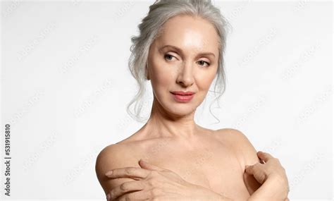 S Senior Lady With Perfect Skin Closeup Portrait Elderly Gray Haired Female Touching Naked