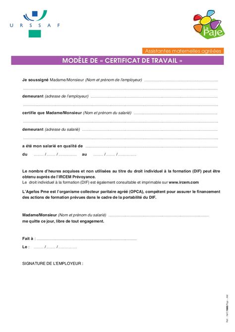 Modele Certificat De Travail Assistant Maternel A Imprimer