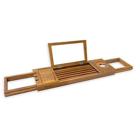Including bath table tray, detachable accessory tray, red wine cup groove and foldable ipad / book placement bar. Haven Teak Bathtub Caddy | Bed Bath & Beyond