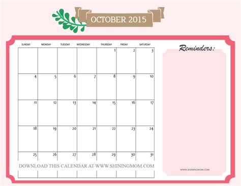 Free Printable October 2015 Calendars