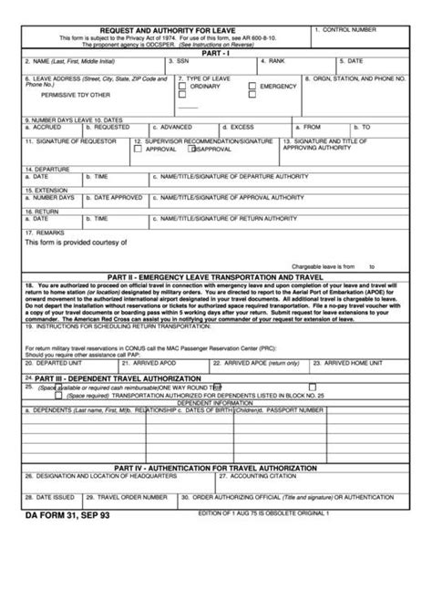 Da 31 Form Fillable Da Form 31 Request And Authority For Leave Job