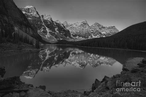 Moraine Lake Spring Sunrise Reflections Black And White Photograph By