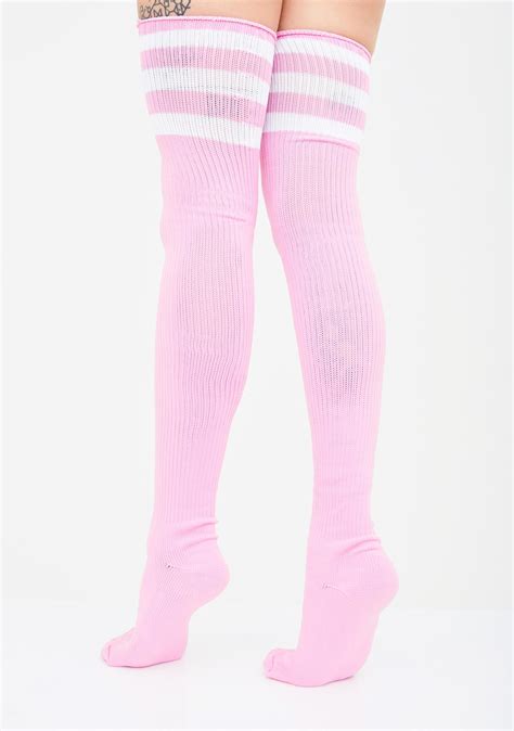 Three Stripe Thigh High Socks Athletic Pink Dolls Kill