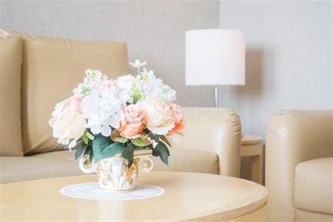 Flower Vase On Table Decoration In Living Room Area Interior Stock