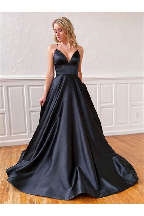 A Line Spaghetti Straps V Neck Long Black Prom Dresses Formal Evening Gowns 601852