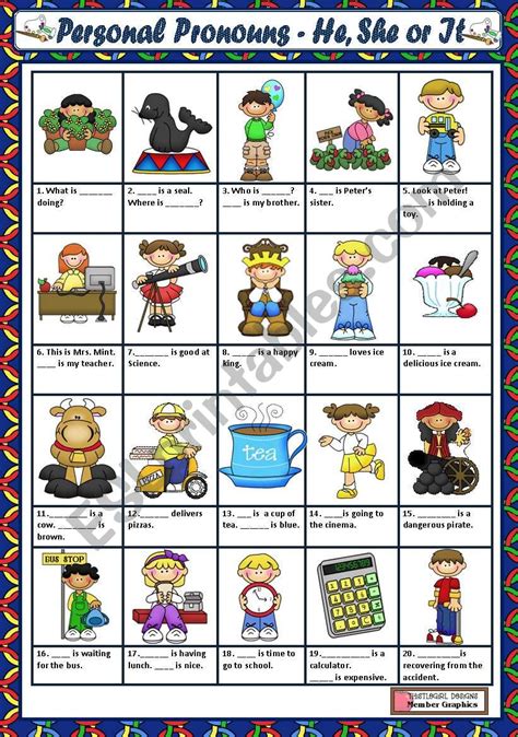 These worksheets introduce groups of vocabulary words for kindergarten students. PERSONAL PRONOUNS - HE, SHE, IT - ESL worksheet by macomabi