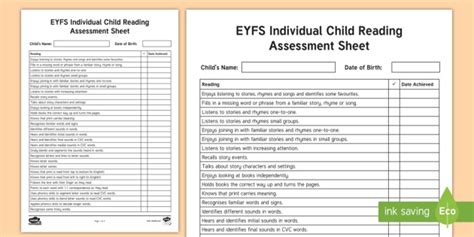 Eyfs Individual Reading And Early Literacy Assessment Twinkl