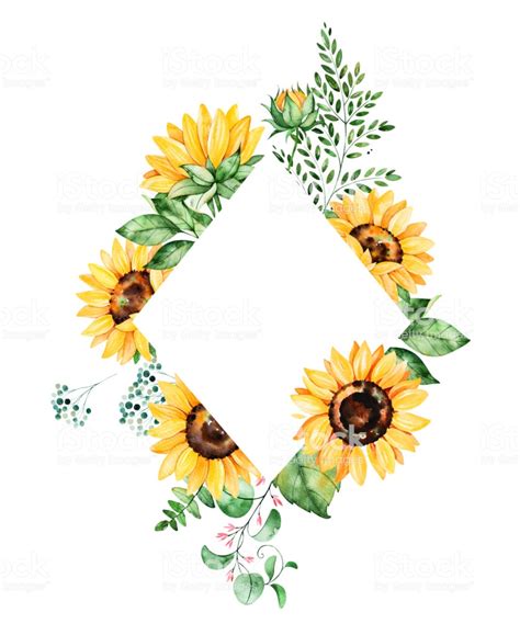 Beautiful Watercolor Rhombus Frame Border With Sunflowers