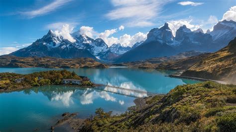South America Chile Patagonia Andes Mountains Lake Bridge Island House