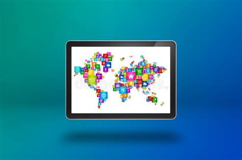 World Map Made Of Icons On A Tablet Pc Screen Stock Illustration