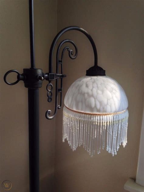 Victorian Style Floor Lamp Beaded Fringe White Mottled Glass Shade