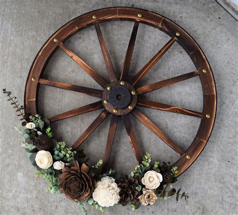 2 Wagon Wheel With Wood Flowers Custom Artificial Faux Etsy Wagon