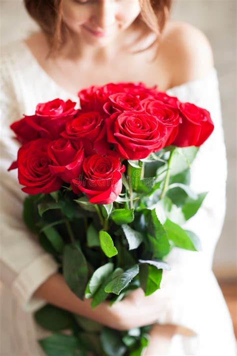 Beautiful Girl With Big Red Roses Bouquet Stock Image Image Of Beauty