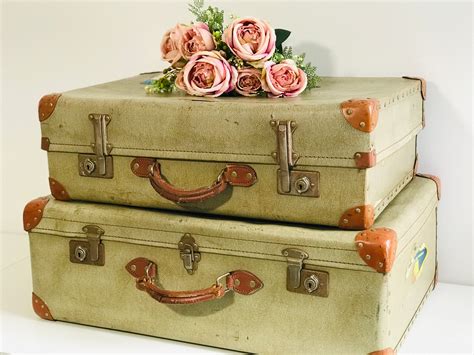 Set of 1930s Vintage Suitcases with Brown Tan Trim and ...