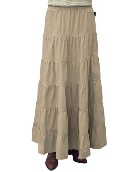 Womens Ankle Length 6 Tiered Long Denim Prairie Skirt Tan Khaki
