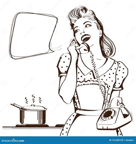 Retro Young Woman Talking On Phone In Her Kitchenvector Graphic Stock