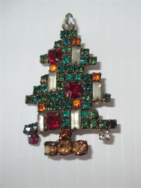 Weiss 5 Candle Rhinestone Christmas Tree Pin Brooch 1950s