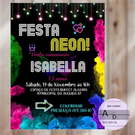 Convite Festa Neon Digital Elo7 Produtos Especiais Convite Festa