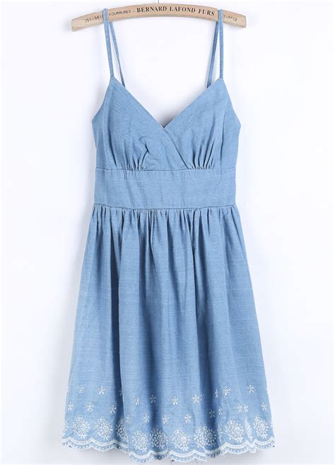 Blue Spaghetti Strap Embroidered Denim Dress Sheinsheinside