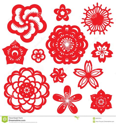 Red Paper Cut Flowers China Vector Set Design Stock Vector ...
