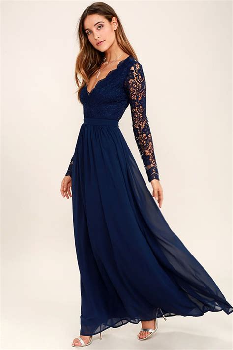 Awaken My Love Navy Blue Long Sleeve Lace Maxi Dress Prom Dresses Long Lace Maxi Dress Long
