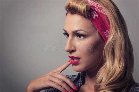 Pin Up Blonde Girl Retro Style Blond Model Vintage Concept Stock Photo