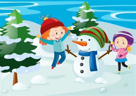 Scene With Kids And Snowman 369315 Vector Art At Vecteezy