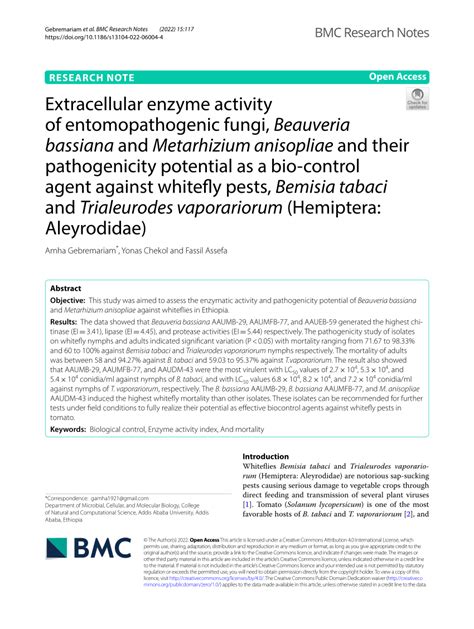 PDF Extracellular Enzyme Activity Of Entomopathogenic Fungi Beauveria Bassiana And