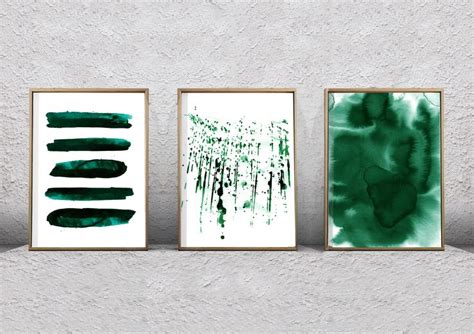 Abstract Prints Set Of 3 Emerald Green Wall Art Abstract Etsy