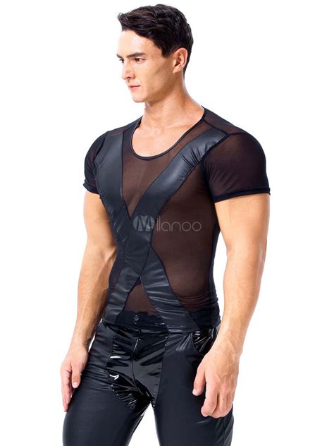 Men Sexy Costume Sheer Stripper Costume Pu Leather Night Club T Shirt Tops