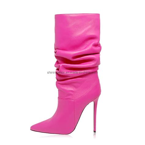 Classic Style Hot Pink Leather Boots For Ladies China Mid High Boots