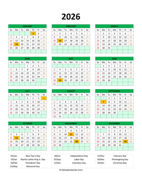 Editable 2026 Calendar With With Holidays