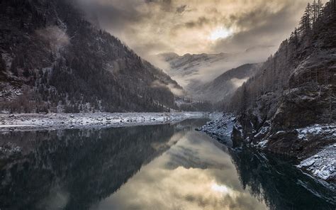 Nature Landscape Lake Mountain Forest Snow Clouds