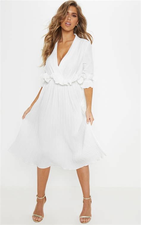 White Frill Detail Pleated Midi Dress Prettylittlething