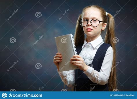 Schoolgirl Wear Glasses Uniform Look At Notebook Stock Photo Image Of
