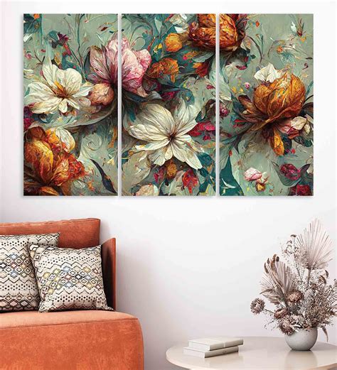 Buy Beautiful Flowers Multicolour Canvas Set Of 3 Art Panels At 70
