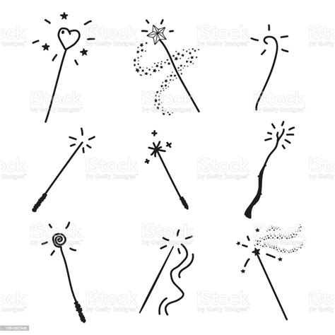 Magic Wand Doodle Set Vector Hand Drawn Icon Collection Isolated On A