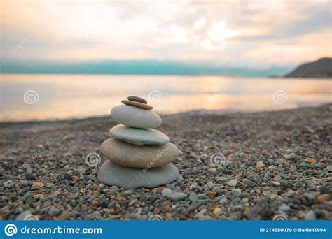 Stack Of Zen Stones On Pebble Beach Stock Image Image Of Blue