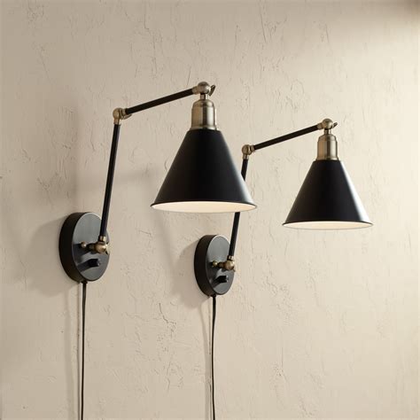 360 Lighting Modern Wall Lamp Plug In Set Of 2 Black And Antique Brass