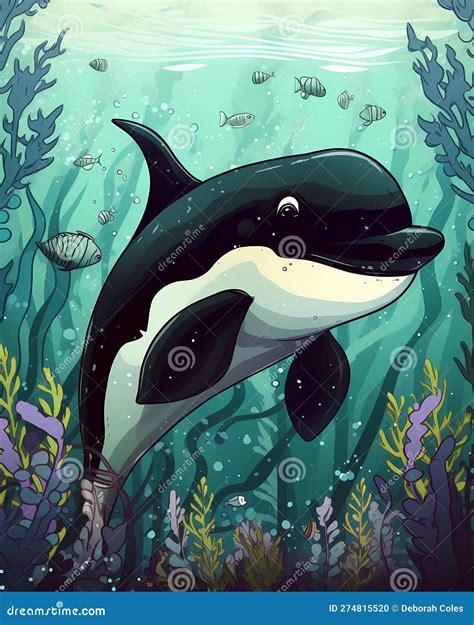 Cartoon Orca Colorful Illustration Happy Underwater Whale Swimming In