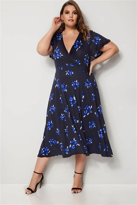 Navy Floral Wrap Over Jersey Midi Dress With Waist Tie Plus Size 16 To 36