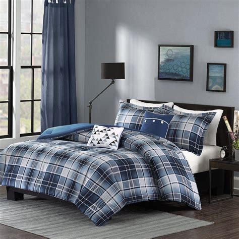New Twin Xl Full Queen Bed Navy Blue White Plaid Triangles 5 Pc