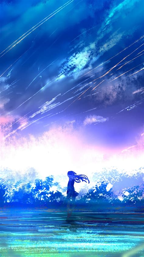Download 1080x1920 Anime Girl Falling Stars Scenic