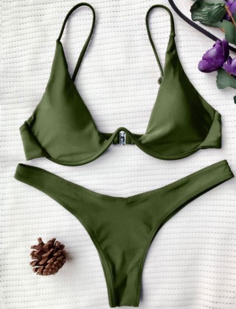 Swimwear Girly Green Olive Green Bikini Bikini Top Bikini Bottoms Two Piece Underwire