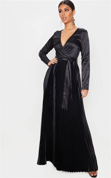 Black Satin Pleated Maxi Dress Dresses Prettylittlething Qa
