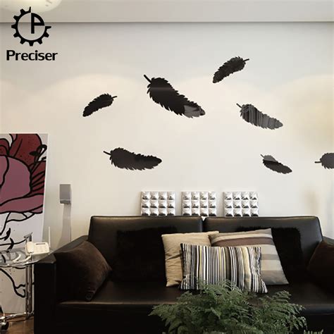 8pcs Feather Acrylic 3d Mirror Wall Sticker Art Mural Decal Removable