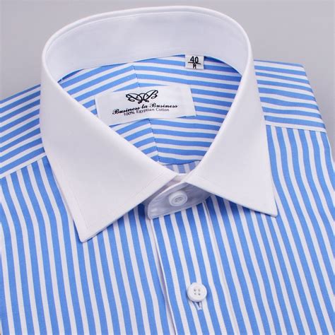 Blue Stripe Contrast Cuff Formal Business Dress Shirt White Collar Fashion B2b Shirts