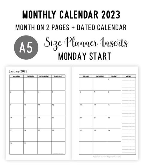 A5 Monthly Calendar 2023 Month On 2 Pages Monday Start