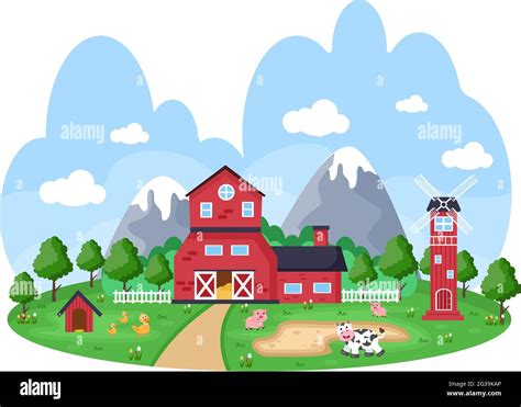 Cute Cartoon Farm Animals Vector Illustration With Cow Horse Chicken